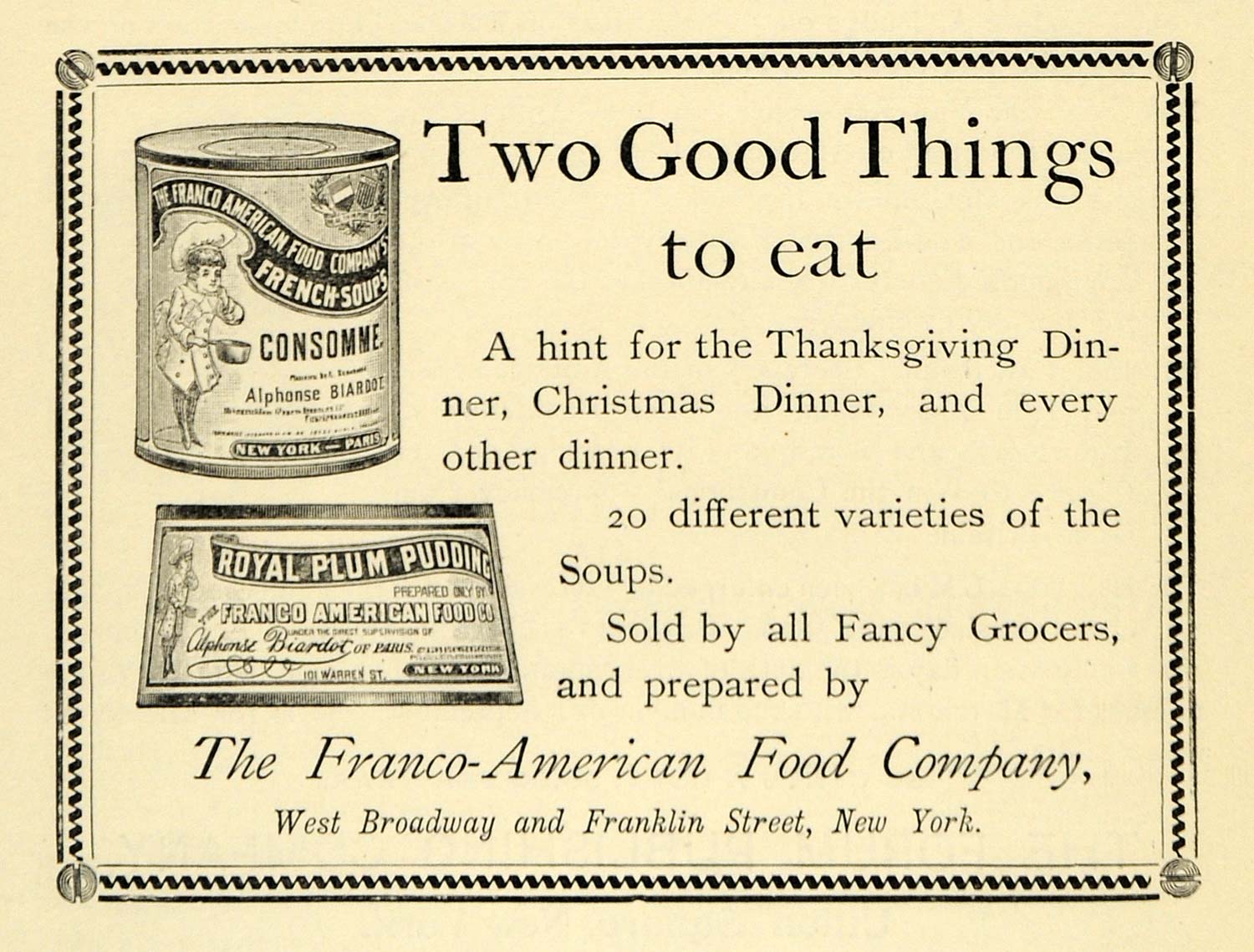 1891 Ad Franco-American Soups Royal Plum Pudding NY - ORIGINAL ADVERTISING TFO1