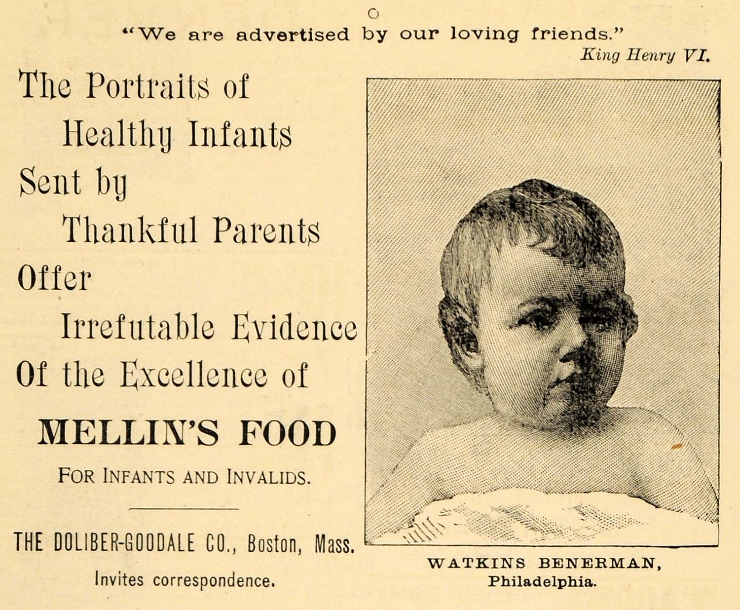 1891 Ad Mellins Baby Food Watkins Benerman Philidelphia - ORIGINAL TFO1