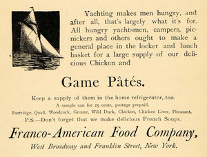 1891 Ad Franco-American Food French Game Pates Yachting - ORIGINAL TFO1