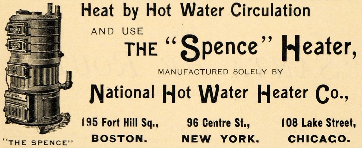 1891 Ad Hot Water Circulation Spence Heater Appliance - ORIGINAL TFO1