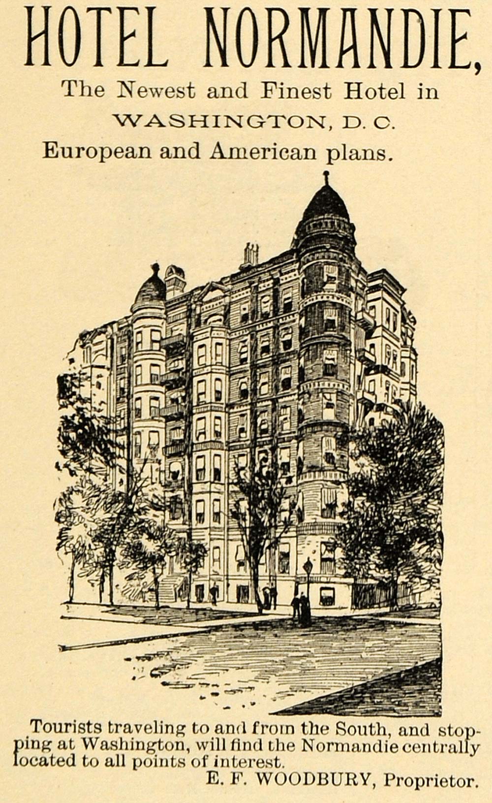 1891 Ad Hotel Normandie Washington D C E. F. Woodbury - ORIGINAL TFO1