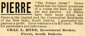 1891 Ad Pierre South Dakota Chamber Commerce Chas. Hyde - ORIGINAL TFO1