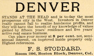 1891 Ad F. S. Stoddard Denver Colorado Chamber Commerce - ORIGINAL TFO1