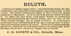 1891 Ad Duluth Minnesota Chamber Commerce C. E. Lovett - ORIGINAL TFO1