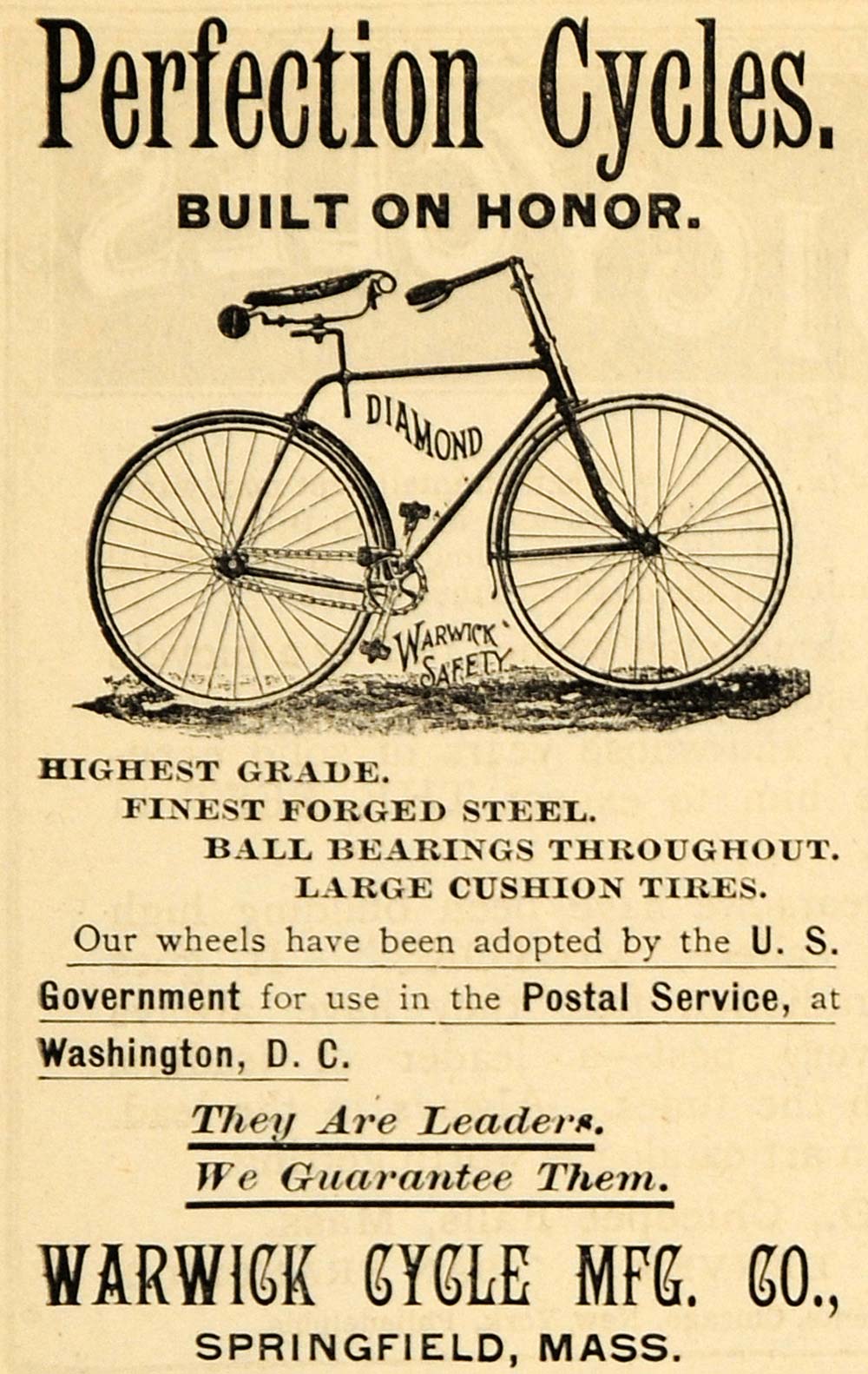 1891 Ad Perfection Bicycles Diamond Warwick Safety Mass - ORIGINAL TFO1