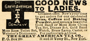 1891 Ad Great American Tea Coffee Baking Powder NY - ORIGINAL ADVERTISING TFO1