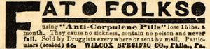 1891 Ad Fat Folks Anti-Corpulene Pills Wilcox Specific - ORIGINAL TFO1