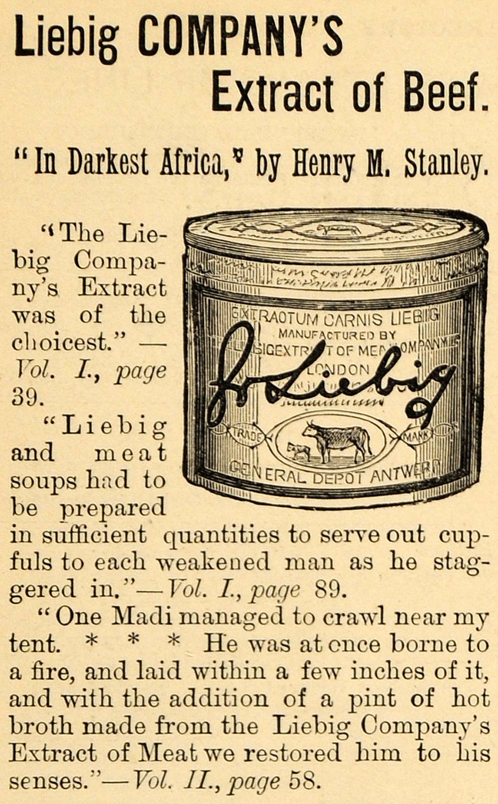 1891 Ad Liebig Beef Extract Henry M. Stanely Book - ORIGINAL ADVERTISING TFO1