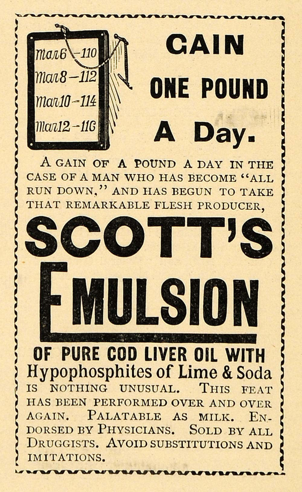 1891 Ad Gain 1lb/day Scott's Emulsion Cod Liver Oil - ORIGINAL ADVERTISING TFO1