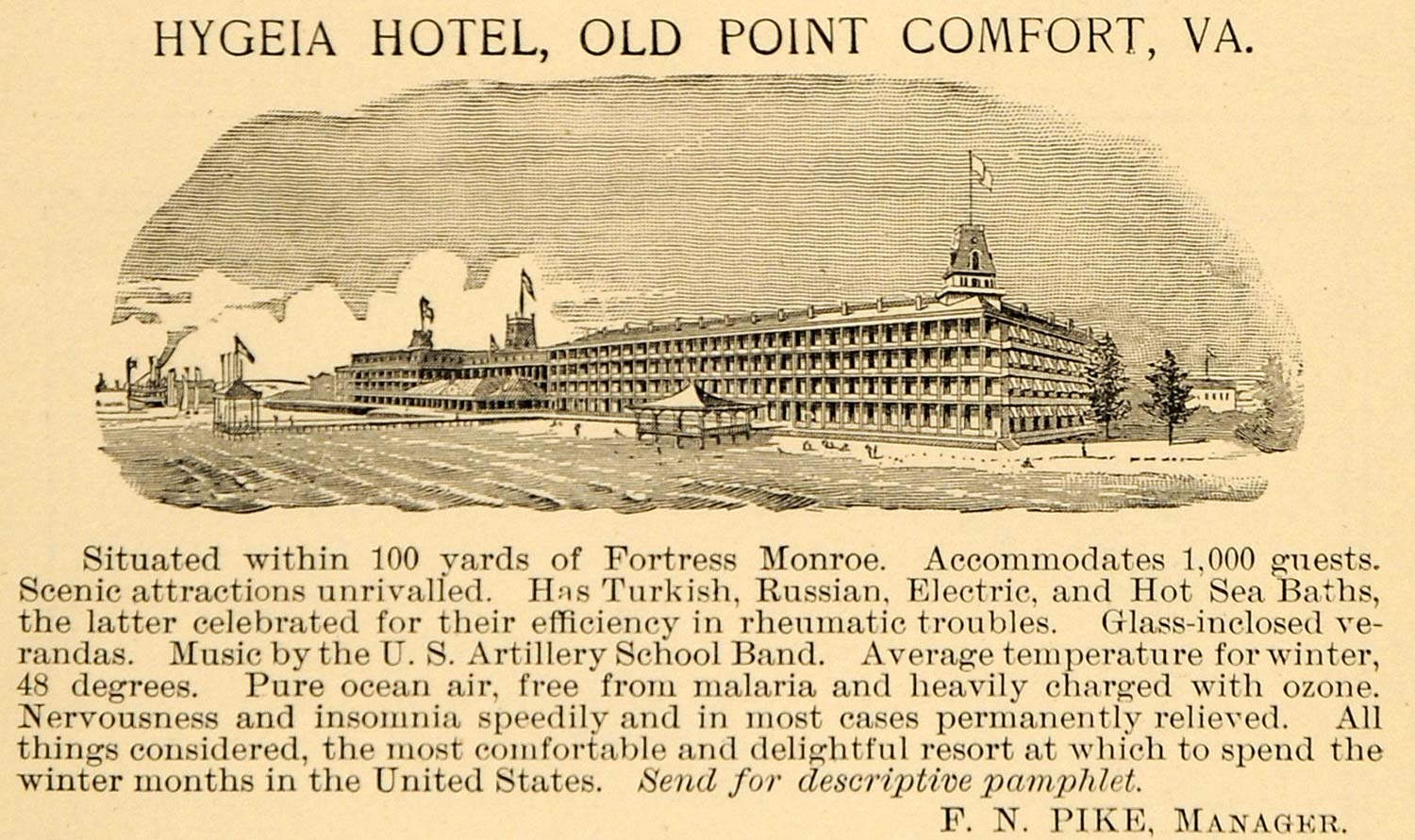 1891 Ad Hygeia Hotel Old Point Comfort VA F. N. Pike - ORIGINAL ADVERTISING TFO1