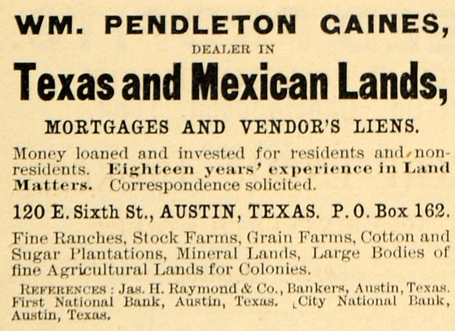 1891 Ad Texas Mexican Lands William Pendleton Caines - ORIGINAL ADVERTISING TFO1
