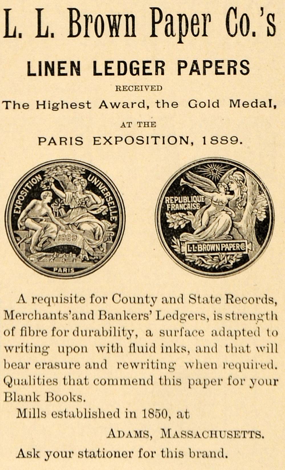 1891 Ad Linen Ledger Papers L. L. Brown Wins Paris Expo - ORIGINAL TFO1