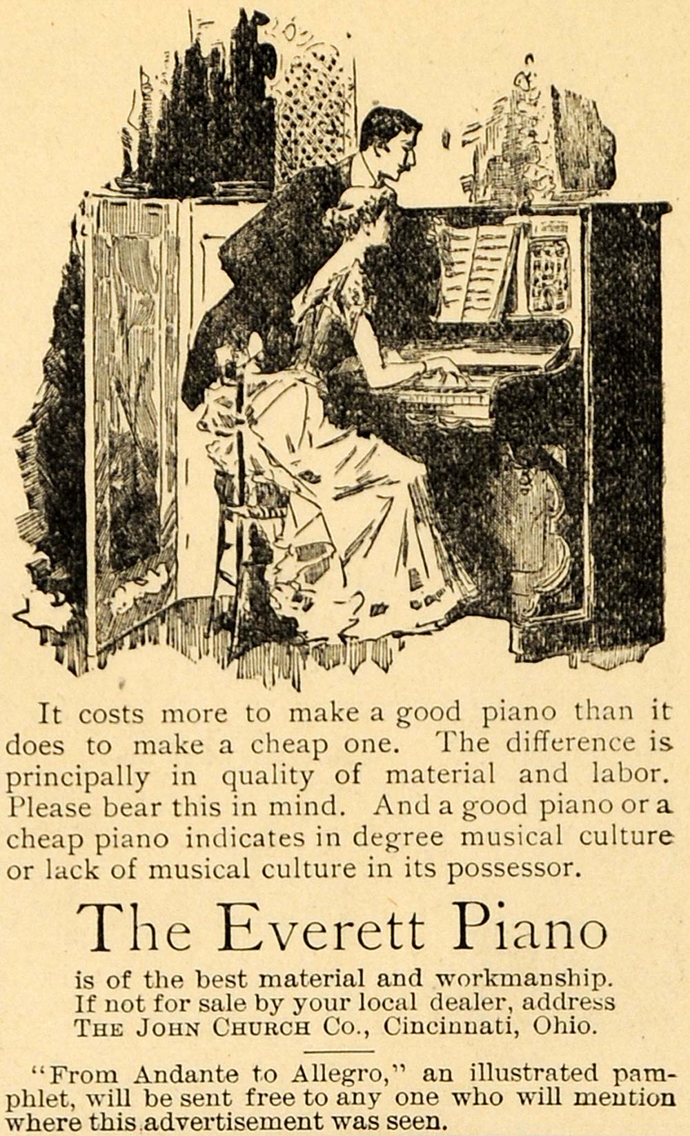 1891 Ad John Church Everett Piano Andante to Allegro - ORIGINAL ADVERTISING TFO1