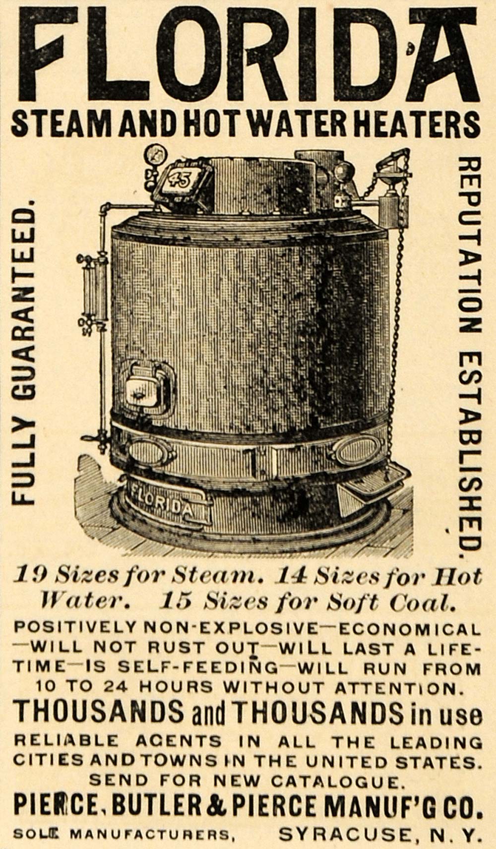 1891 Ad Florida Steam Hot Water Heaters Pierce & Butler TFO1