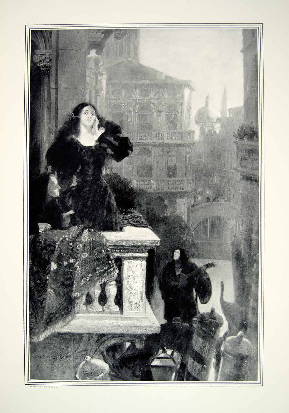 1908 Print Louis Loeb Under the Venice Moon Balcony Music Serenade Lovers TFP1