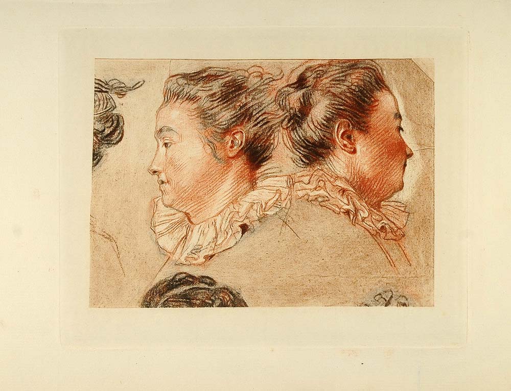 1882 Lithograph Women Heads Portrait Antoine Watteau - ORIGINAL TGA1