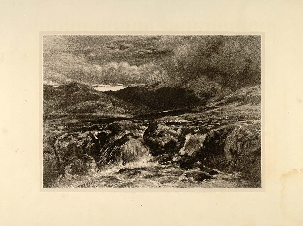 1882 Lithograph Rocks River Landscape W. J. Muller NICE - ORIGINAL TGA1