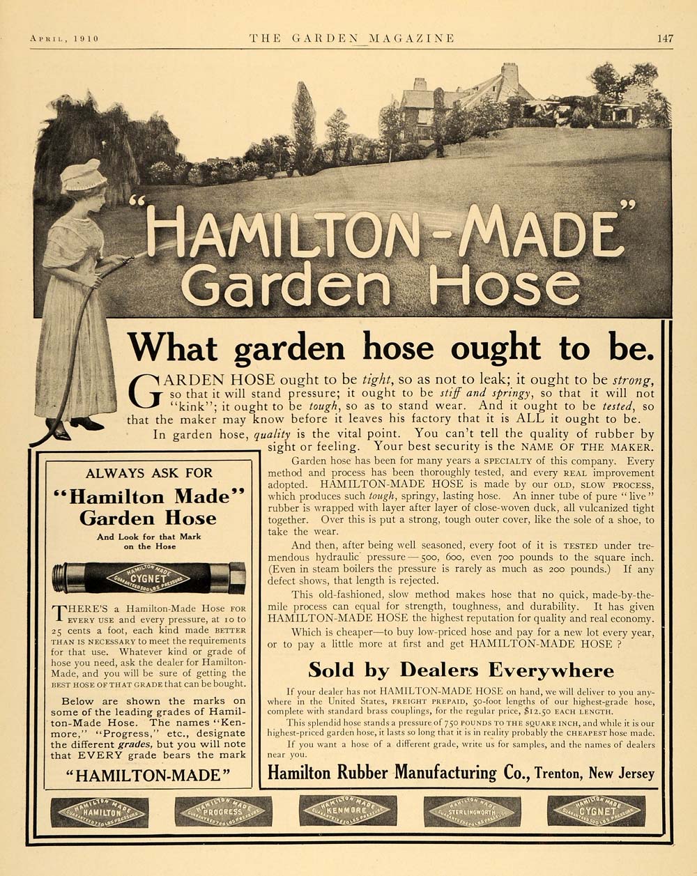 1910 Ad Hamilton Garden Hose Rubber Trenton Yard Grass - ORIGINAL TGM1
