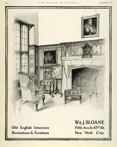 1917 Ad W J Sloane Old English Decor Furniture Interior - ORIGINAL THB1
