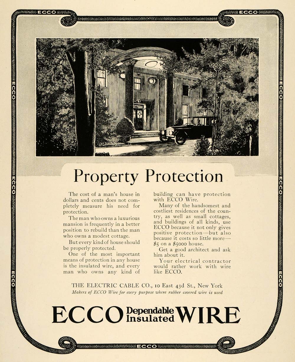 1917 Ad Ecco Insulated Wire Electric Cable Home Wiring - ORIGINAL THB1