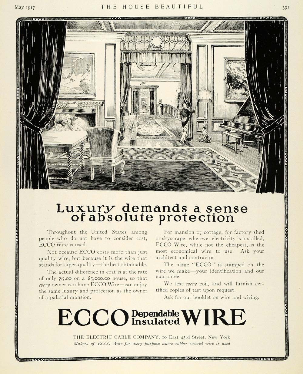1917 Ad Electric Cable Ecco Wire Electrical Home Wiring - ORIGINAL THB1