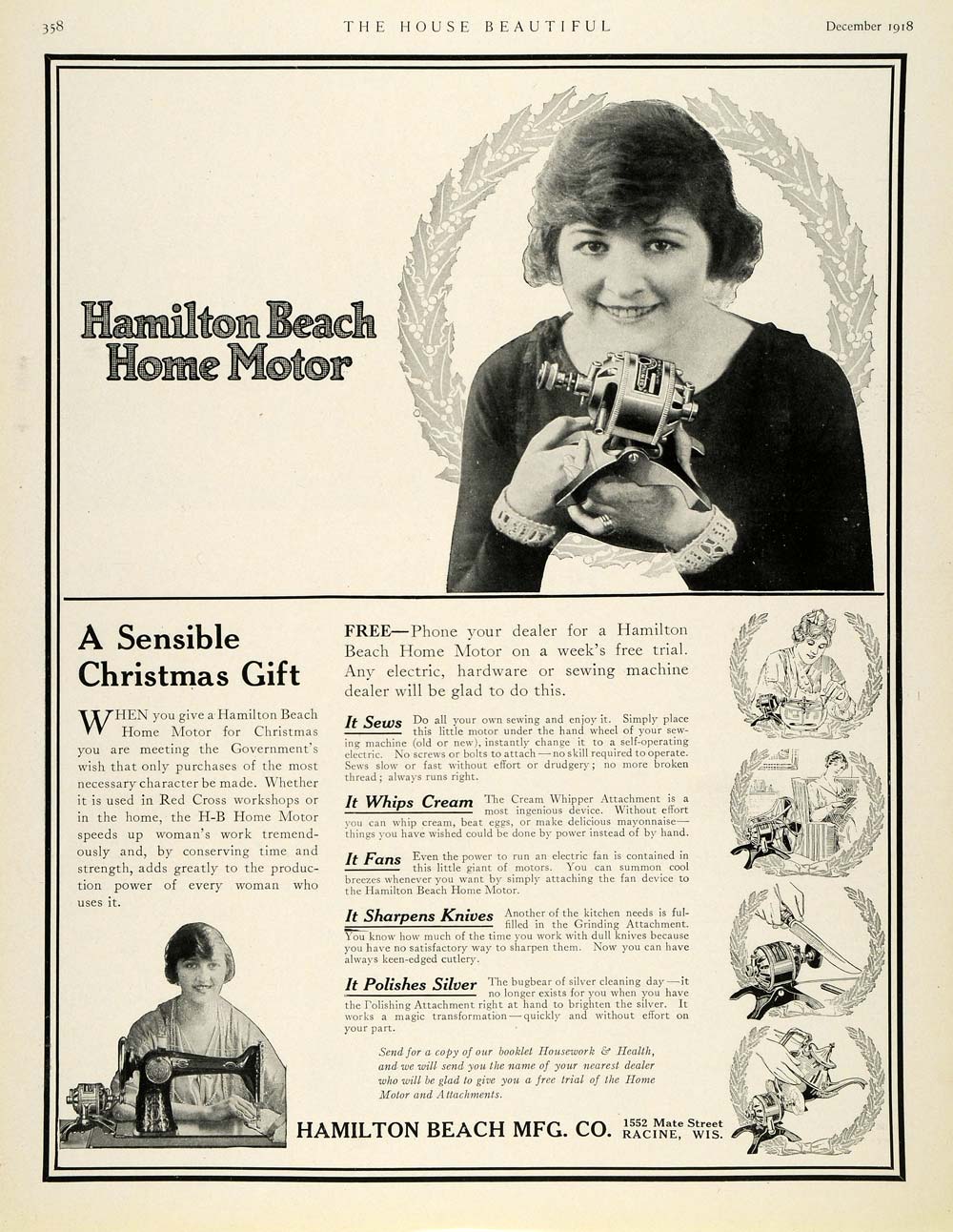 1918 Ad Hamilton Beach Home Motor Sewing Sharpening - ORIGINAL ADVERTISING THB1