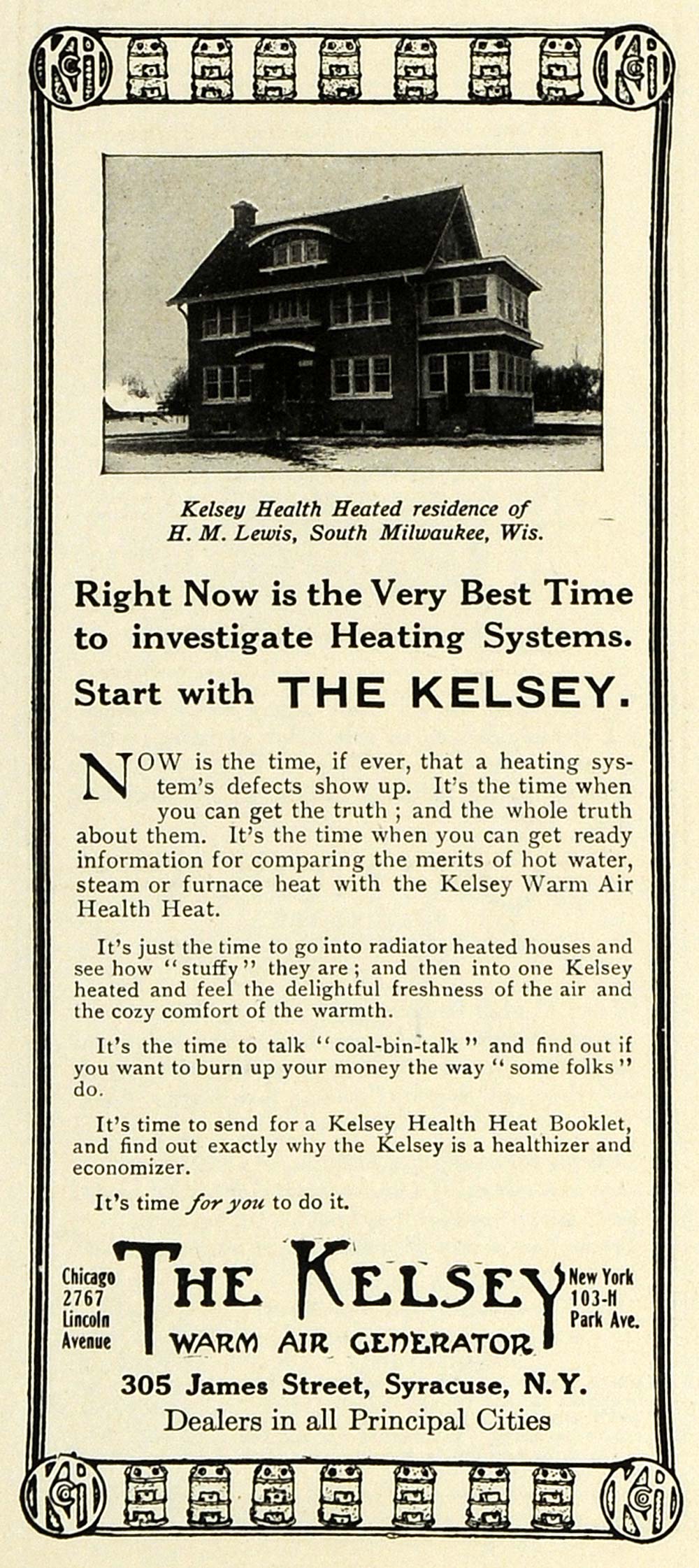 1915 Ad Kelsey Warm Air Generator H. M. Lewis Home WI - ORIGINAL THB1