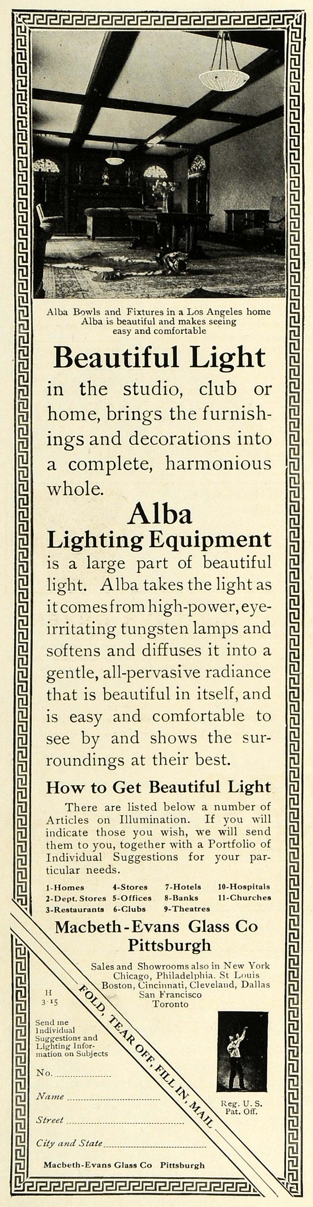 1915 Ad Macbeth Evans Glass Alba Home Lighting Fixtures - ORIGINAL THB1