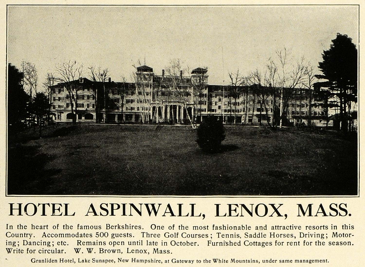 1915 Ad Hotel Aspinwall Lenox Massachusetts W. W. Brown - ORIGINAL THB1