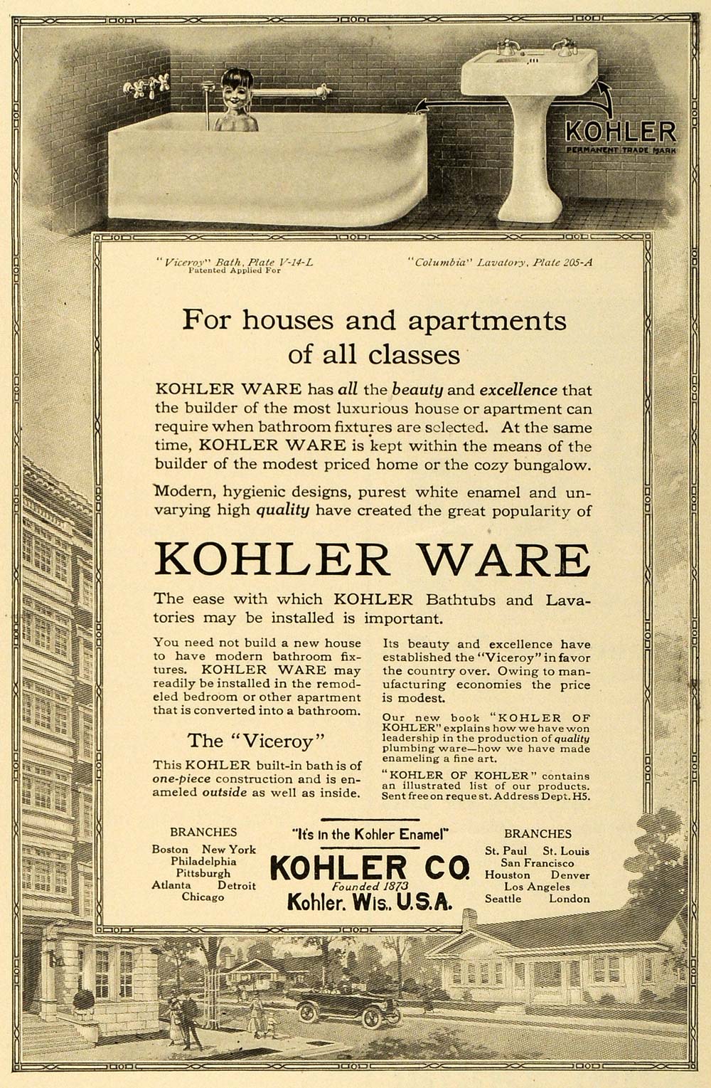 1916 Ad Kohler Bathroom Viceroy Bath Columbia Lavatory - ORIGINAL THB1