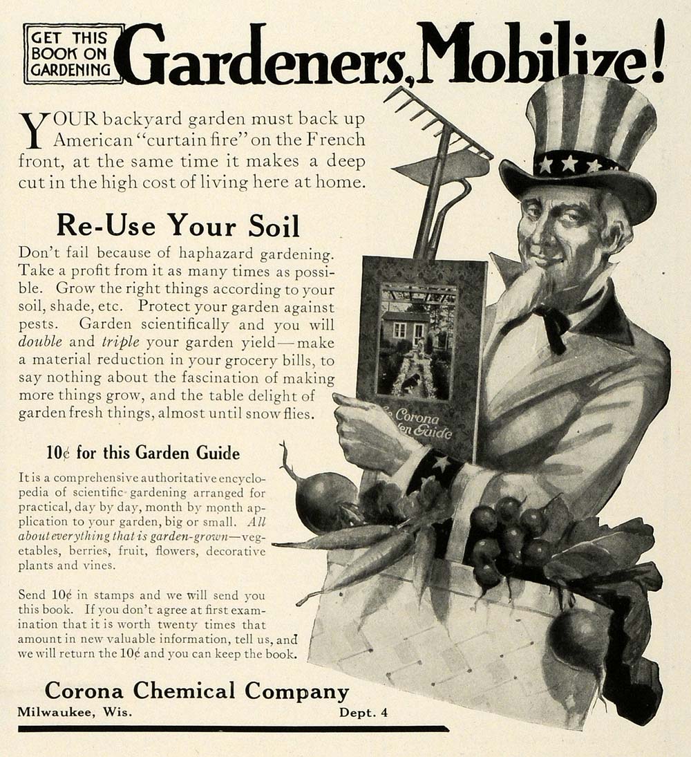 1918 Ad Corona Chemical Uncle Sam Garden WWI Milwaukee - ORIGINAL THB1
