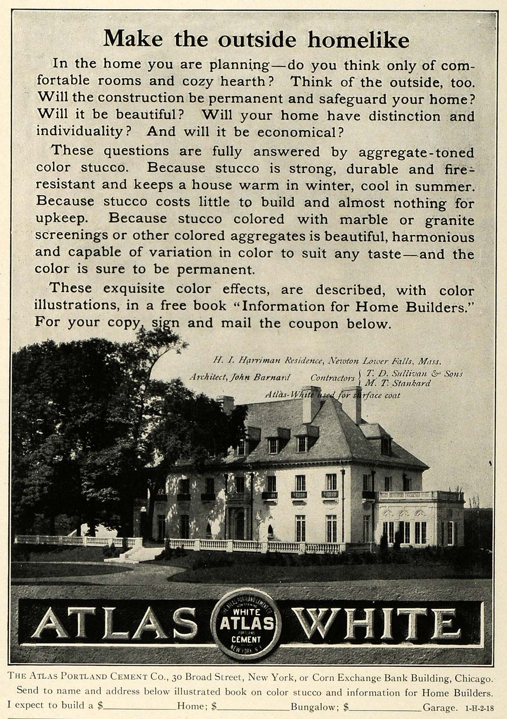 1918 Ad White Atlas Portland Cement Harriman Home Mass - ORIGINAL THB1
