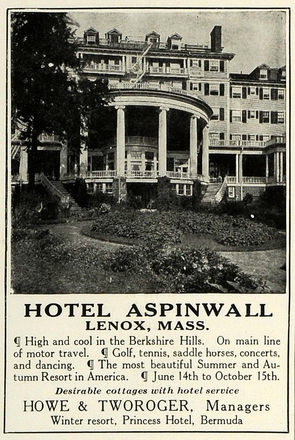 1919 Ad Lenox Mass Resort Hotel Aspinwall Howe Tworoger - ORIGINAL THB1