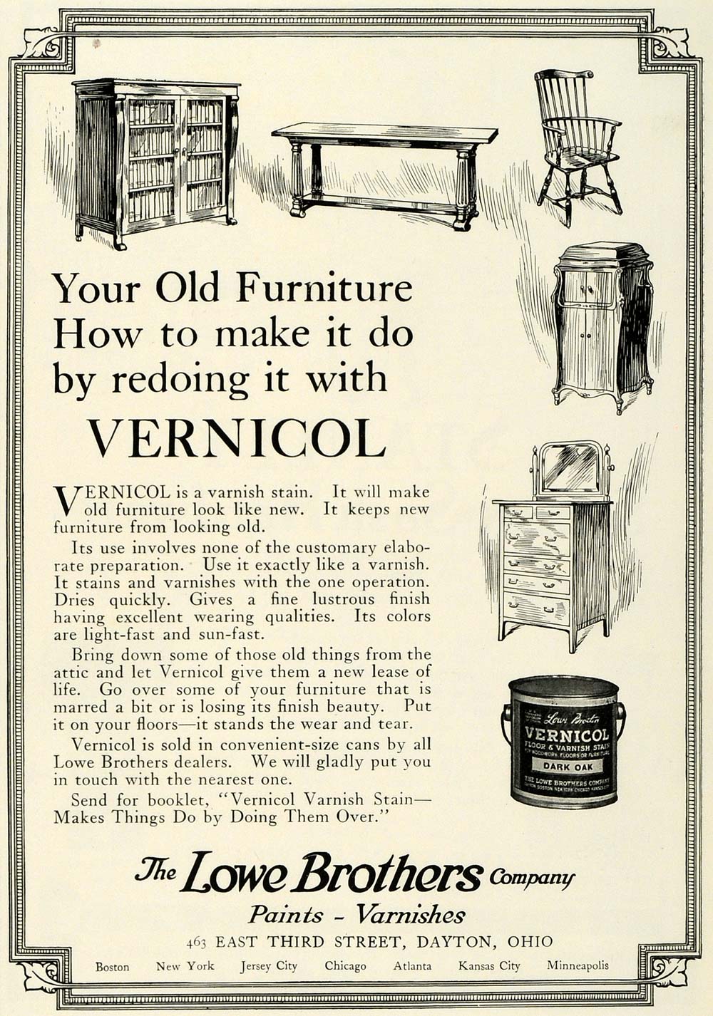 1919 Ad Lowe Brothers Vernicol Varnish Stain Furniture - ORIGINAL THB1