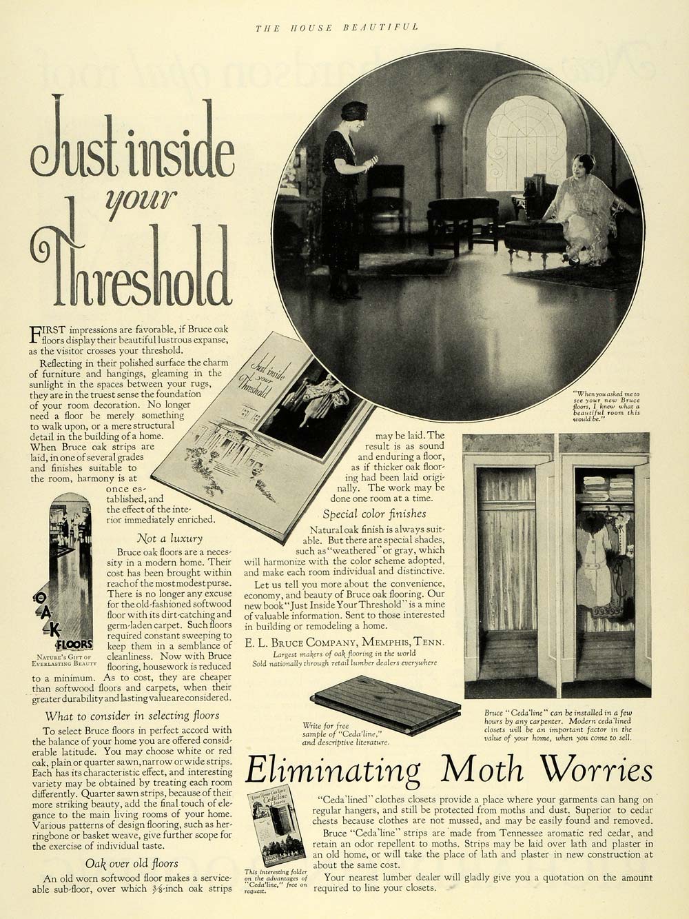 1925 Ad E. L. Bruce Oak Wood Flooring Ceda Lined Moths - ORIGINAL THB1