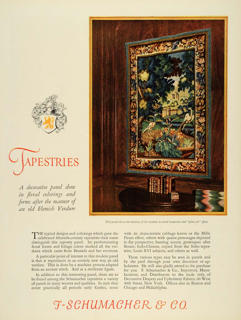 1924 Ad F Schumacher Wall Tapestries Flemish Verdure - ORIGINAL ADVERTISING THB1