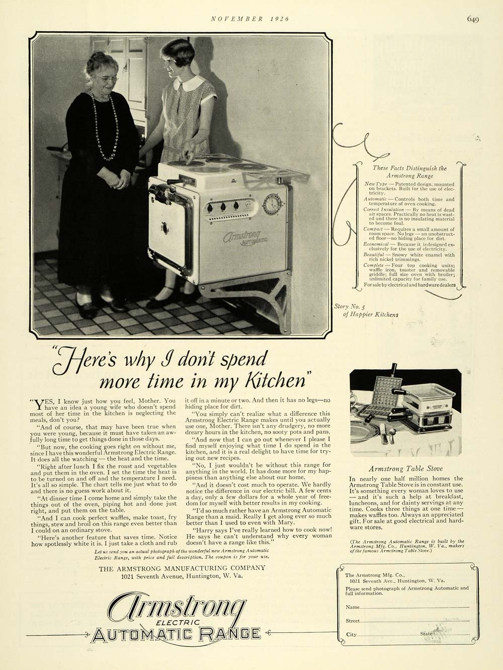 1926 Ad Armstrong Electric Kitchen Appliances Mary - ORIGINAL ADVERTISING THB1