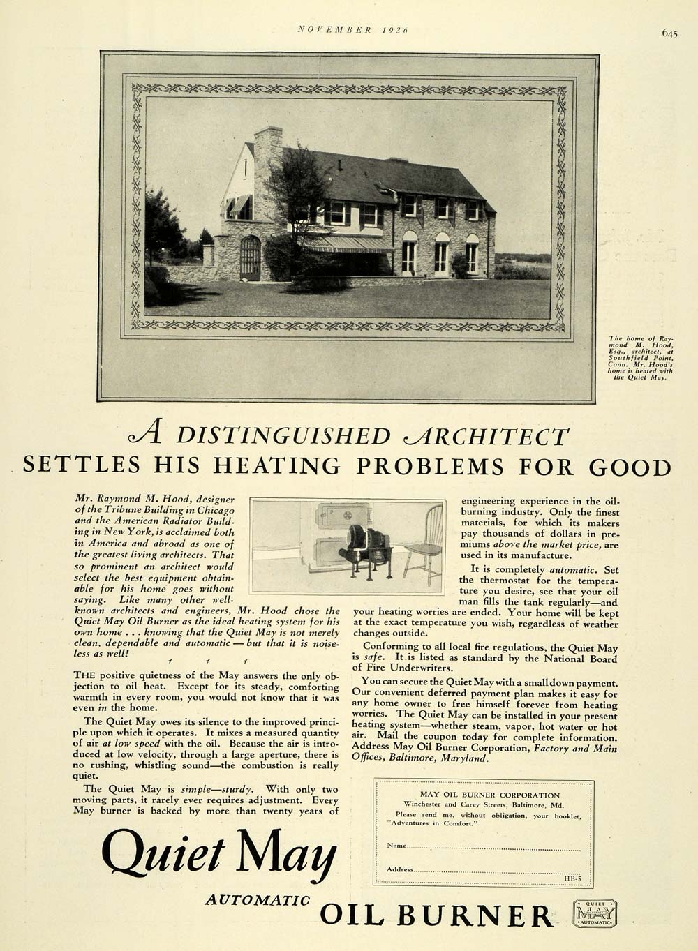1926 Ad Quiet May Oil Burner Raymond Hood Home Conn. - ORIGINAL ADVERTISING THB1