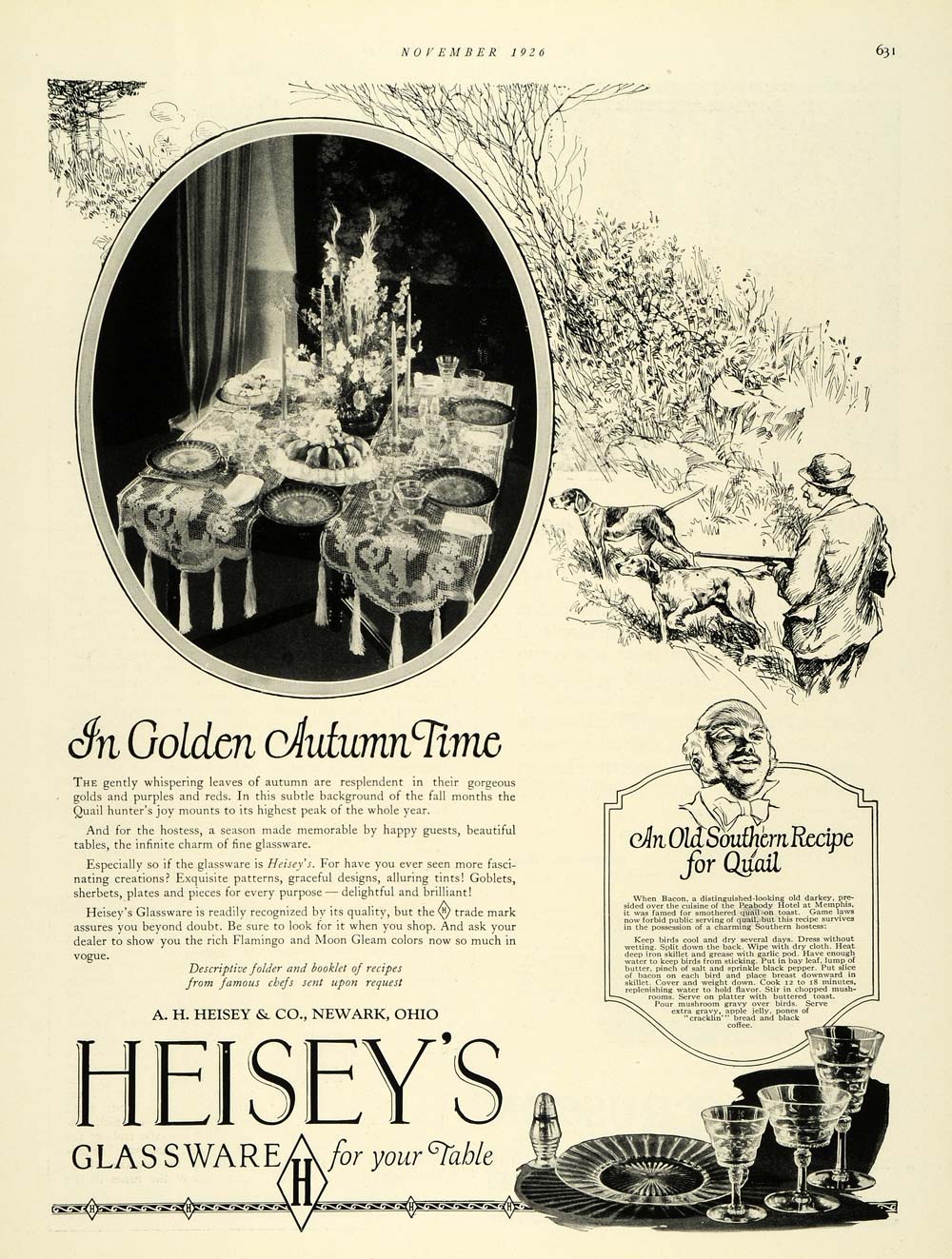 1926 Ad Heisey's Glassware Hunt Quail Southern Recipe - ORIGINAL THB1