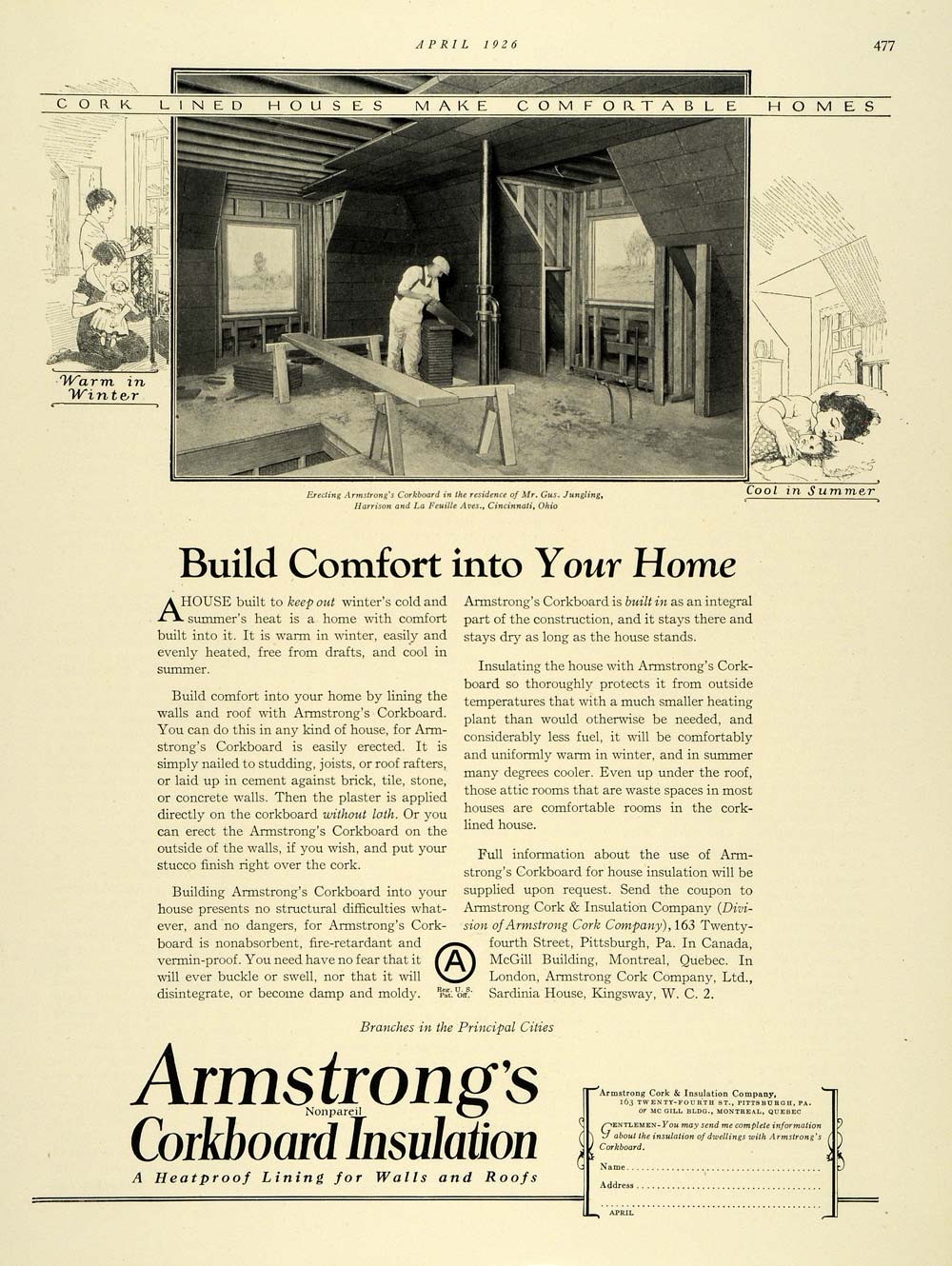 1926 Ad Armstrong Corkboard Insulation Gus Jungling - ORIGINAL ADVERTISING THB1