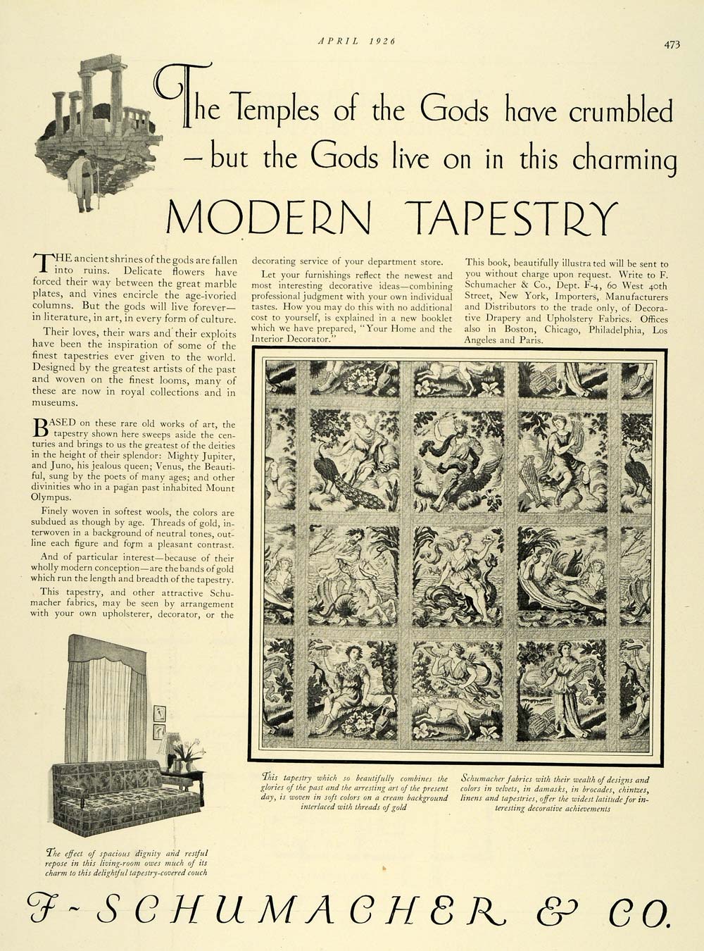 1926 Ad F Schumacher Tapestries Wall Coverings Decor - ORIGINAL ADVERTISING THB1