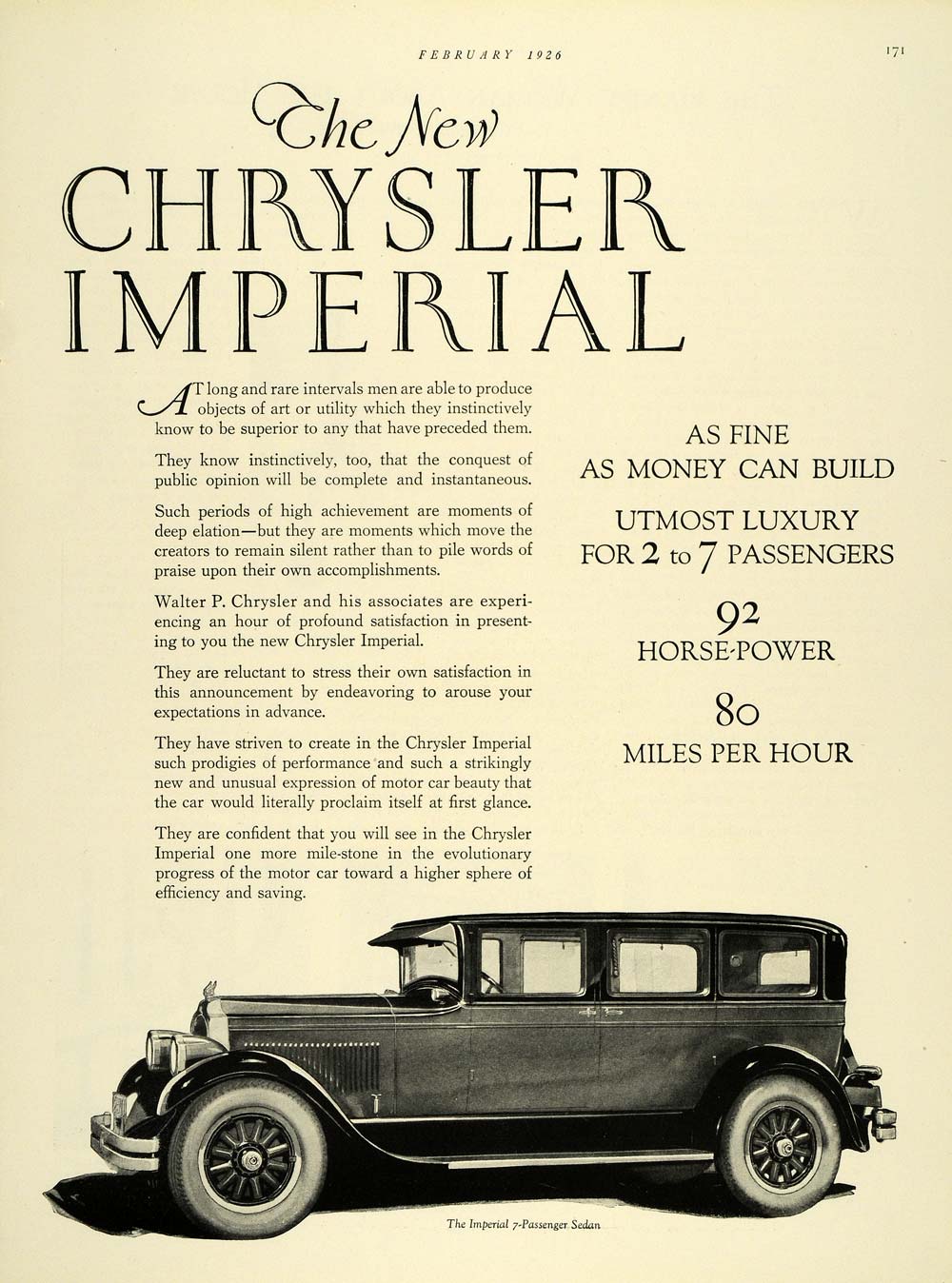 1926 Ad Chrysler Imperial 80 Antique Sedan Horsepower - ORIGINAL THB1