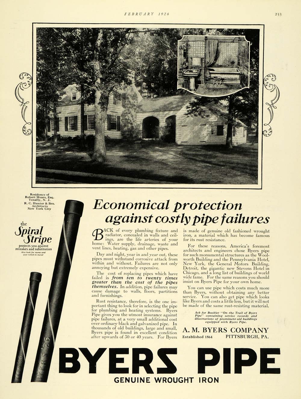 1926 Ad A. M. Byers Pipe Robert Mears Home Tenafly NY - ORIGINAL THB1