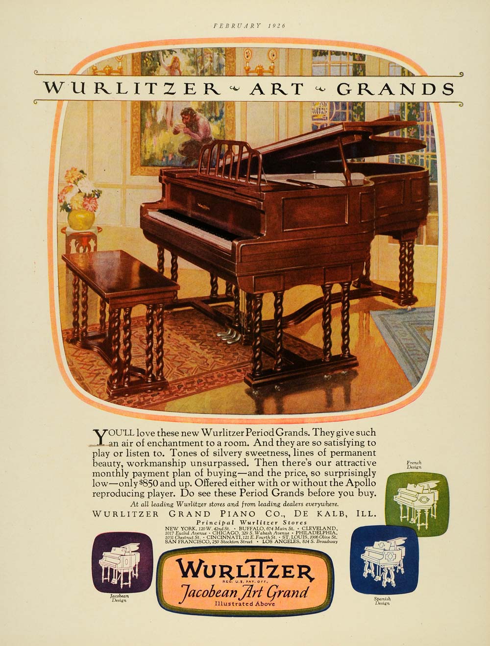 1926 Ad Wurlitzer Jacobean Art Grand Piano De Kalb IL - ORIGINAL THB1