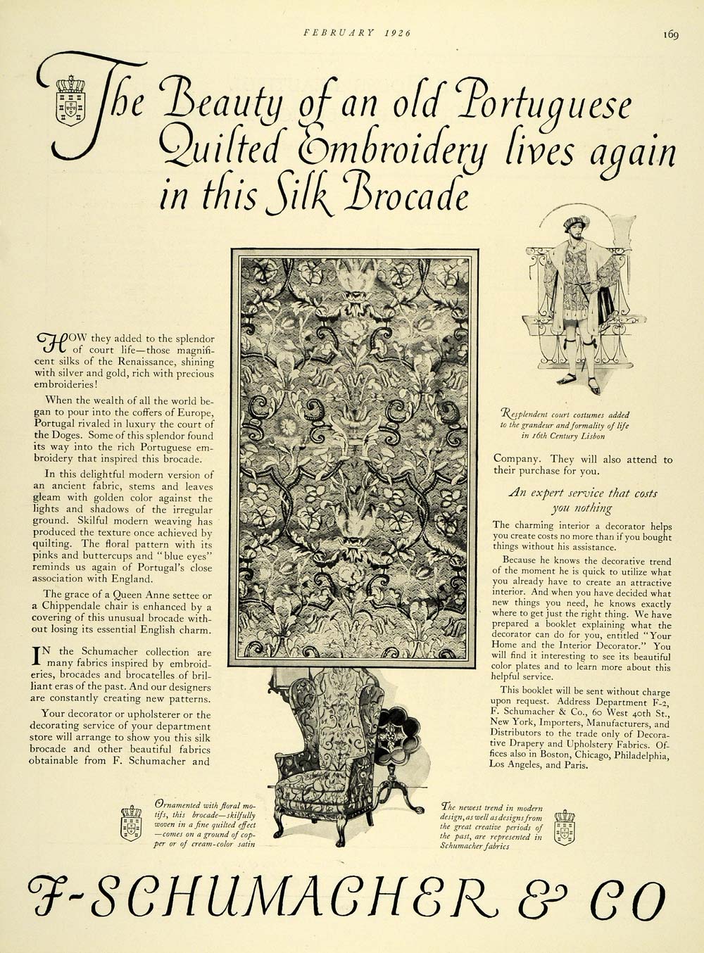 1926 Ad F Schumacher Portugese Silk Brocade Tapestry - ORIGINAL ADVERTISING THB1