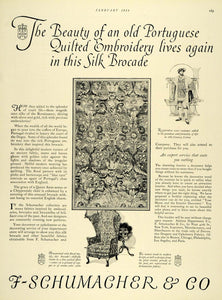 1926 Ad F Schumacher Portugese Silk Brocade Tapestry - ORIGINAL ADVERTISING THB1