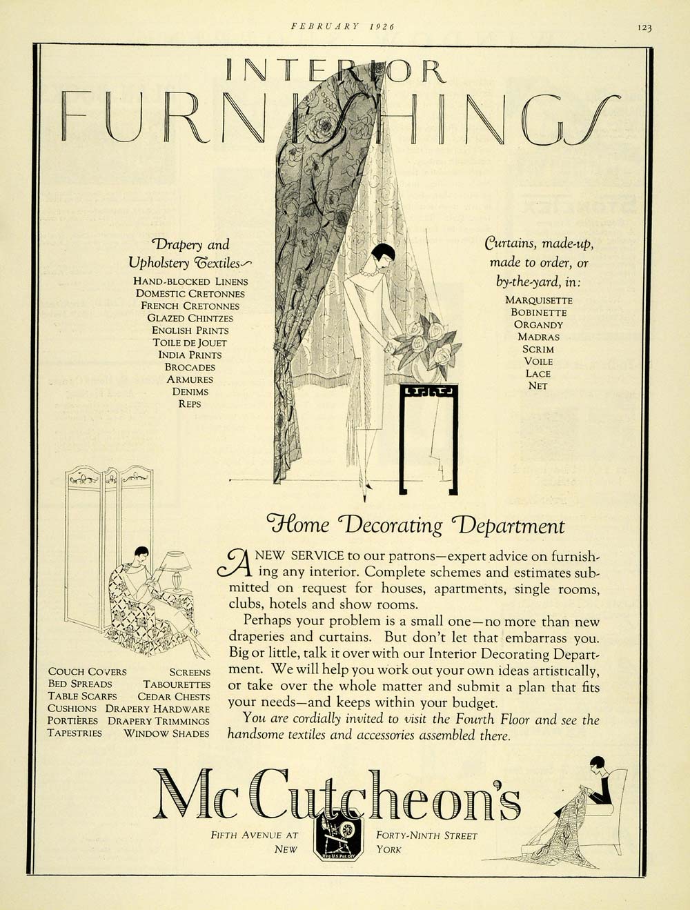 1926 Ad McCutcheon's Interior Furnishings Home Decor - ORIGINAL ADVERTISING THB1