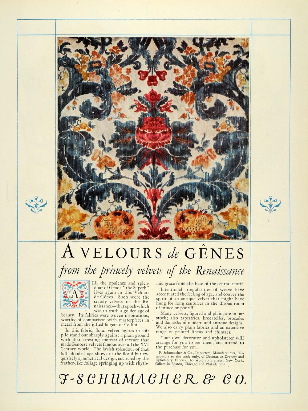 1925 Ad F Schumacher Avelours Genes Renaissance Fabric - ORIGINAL THB1