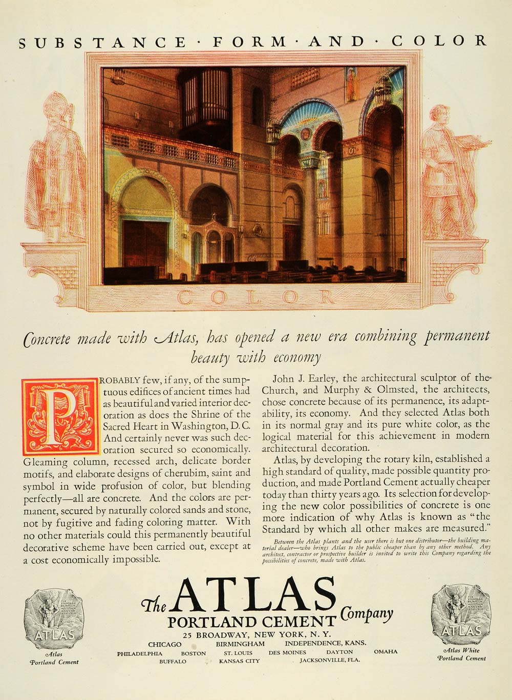 1925 Ad Atlas Portland Cement Shrine Sacred Heart D.C. - ORIGINAL THB1