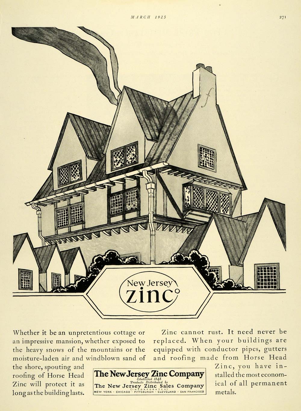 1925 Ad Horse Head New Jersey Zinc Mansion Architecture - ORIGINAL THB1